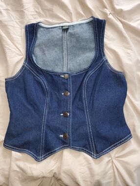 wild fable Dark Blue Denim Vest with Contrasting White Stitching